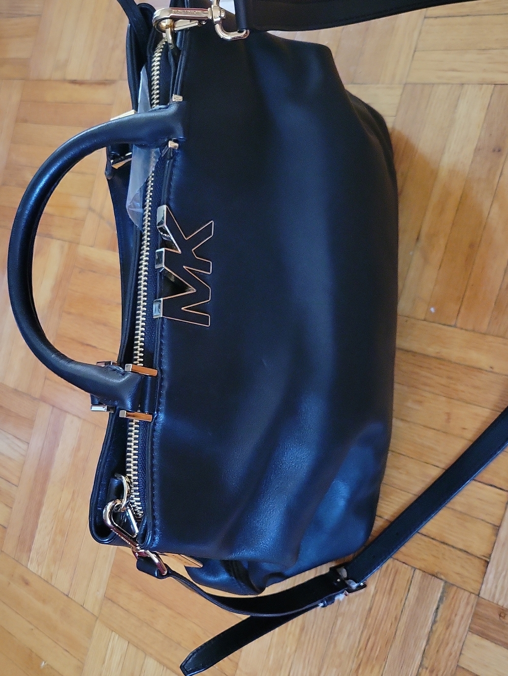 Michael Kors Black Leather Shoulder Satchel with Gold Hardware